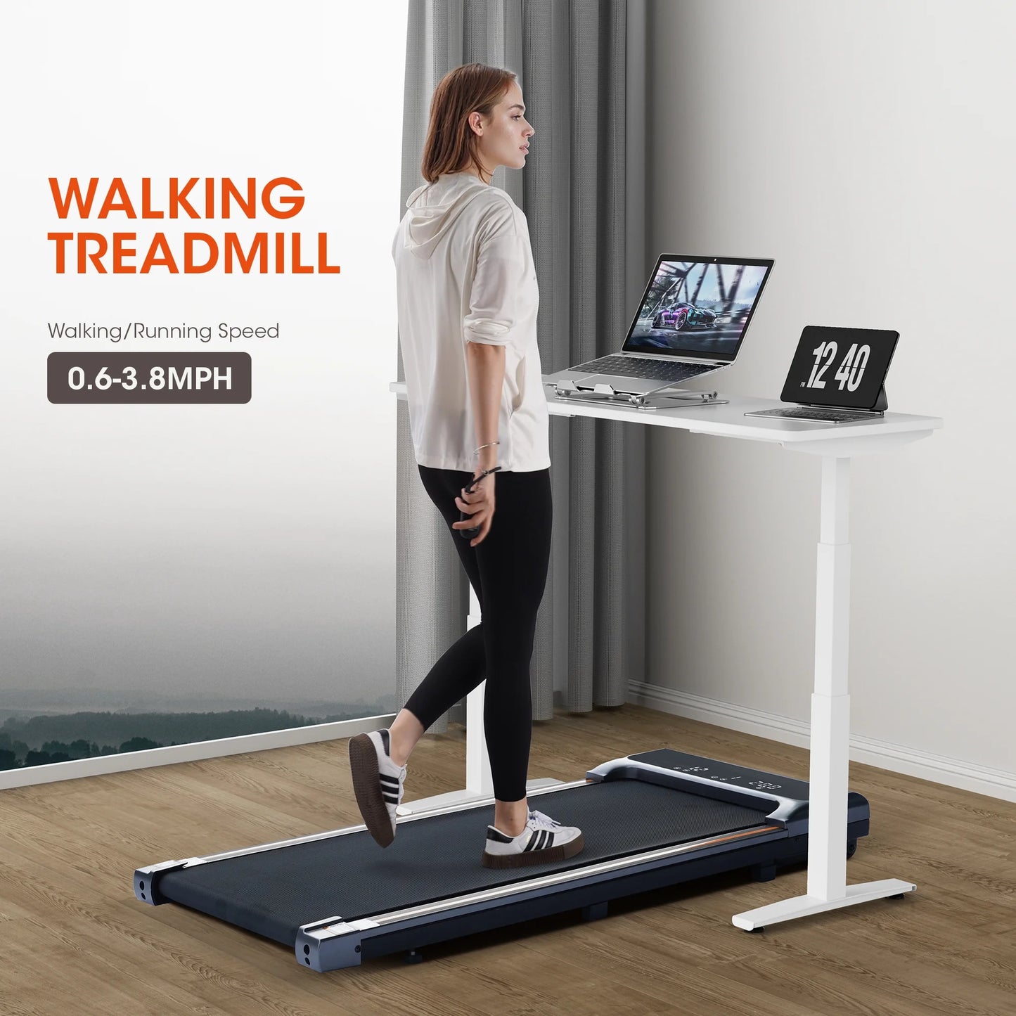 Level up your home office game with our 2-in-1 Walking Pad Treadmill! 🏃‍♂️💻 Remote control, lightweight, and perfect for workouts at your desk! Speed up your productivity with 0.6-3.8 mph! #HomeWorkout #DeskTreadmill