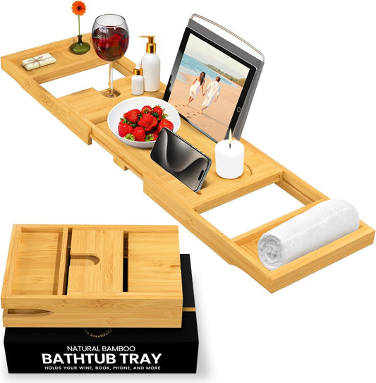 Luxurious Bamboo Bathtub Tray with Expandable Sides - Perfect Caddy for Books, Tablets & Wine Glasses - Ideal Luxury Gift for Women this Christmas!